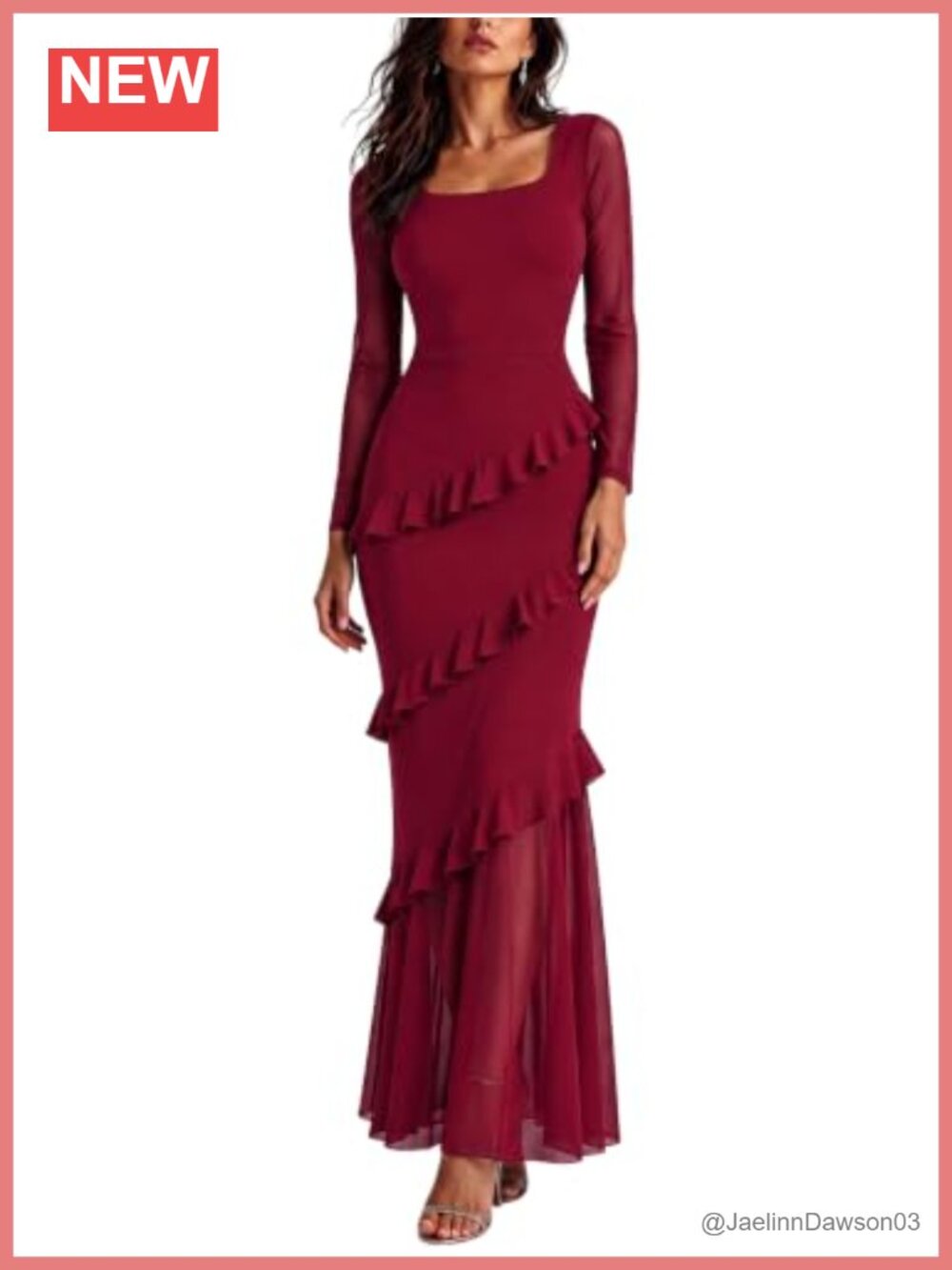 Mesh Long Sleeve Ruffle Maxi Dress Square Neck Bodycon Formal
